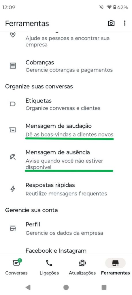 Como colocar Mensagem Automatica no WhatsApp Business Tela 2